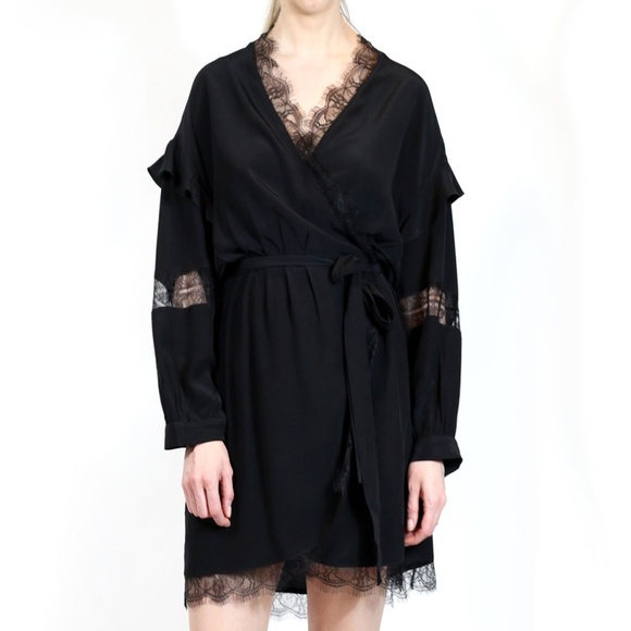 Wrap black viscose dress with lace trim - Picture 4 of 8